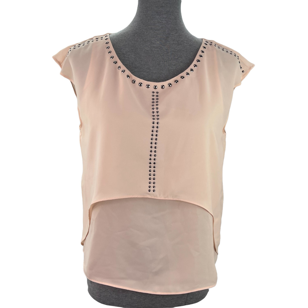 Jennifer Lopez Sleeveless Top Womens Size M Peach Sheer Pullover Blouse Studs